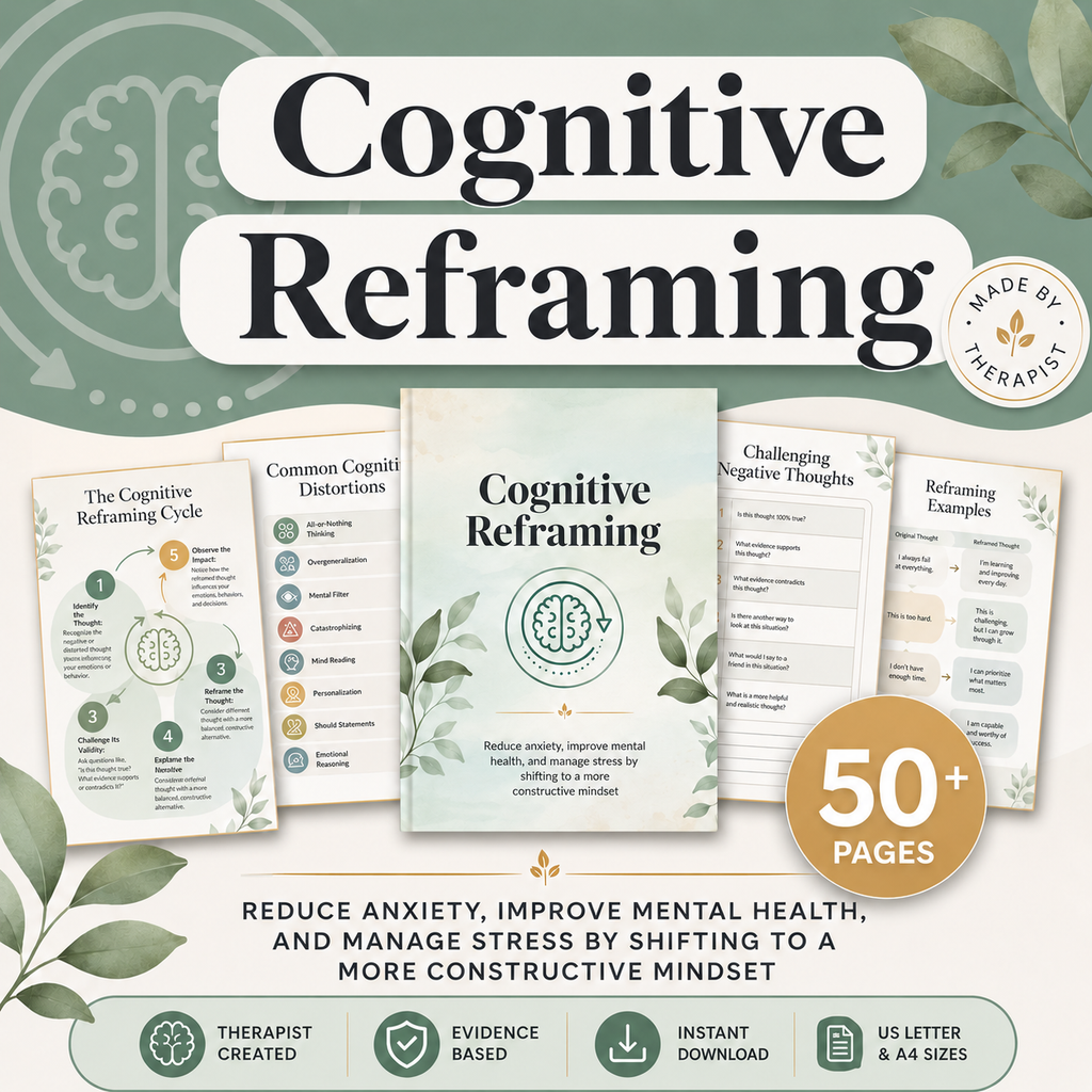 Cognitive Reframing Workbook, CBT Thinking Errors & Positive Self-Talk Worksheets