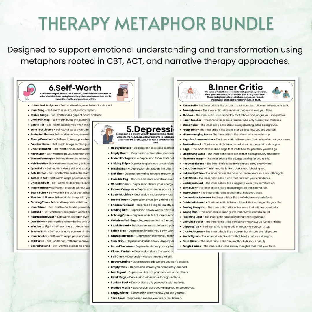 Therapy Metaphor Bundle, Counseling Activities, 100+ Worksheets & Tools