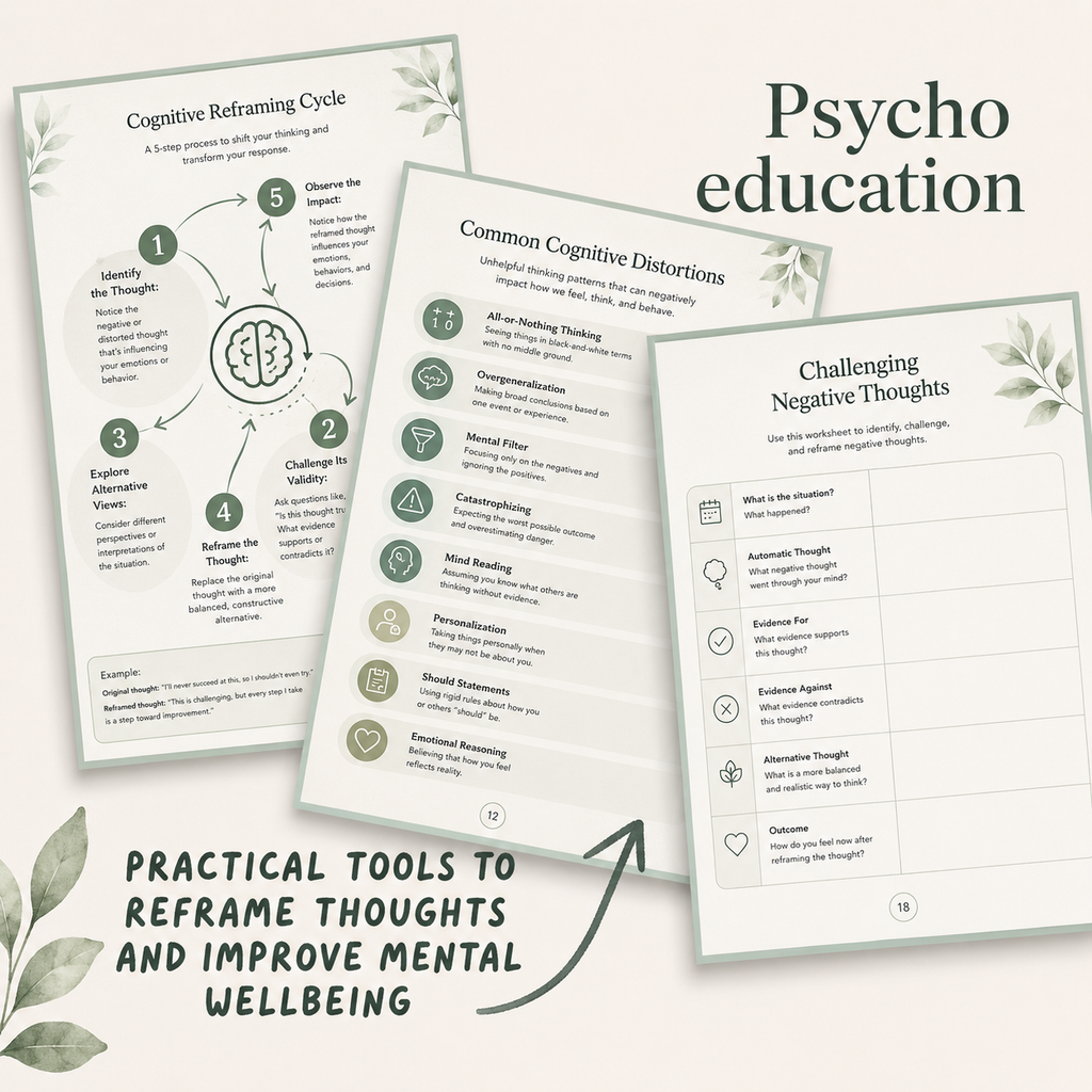 Cognitive Reframing Workbook, CBT Thinking Errors & Positive Self-Talk Worksheets