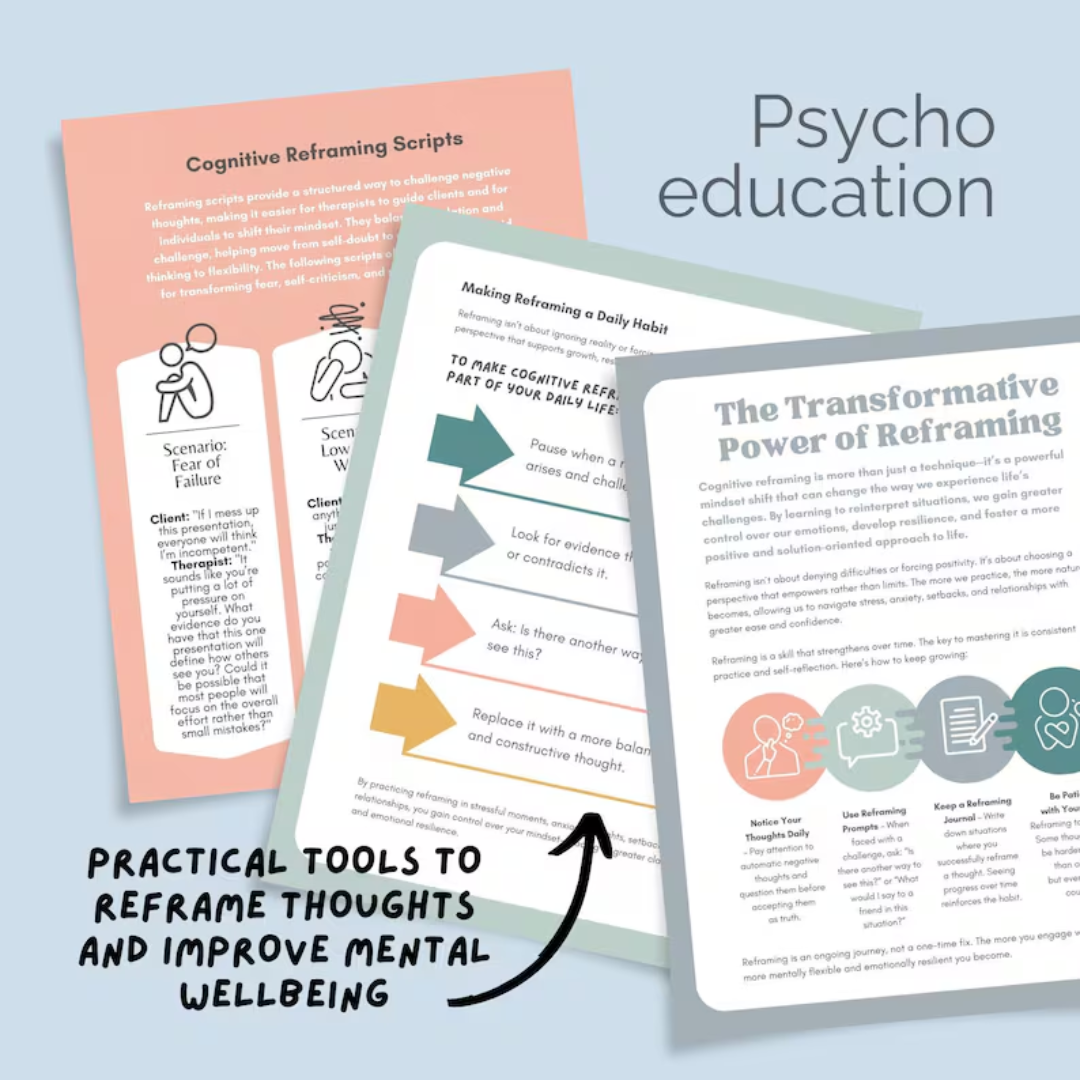 Cognitive Reframing Workbook, CBT Thinking Errors & Positive Self-Talk Worksheets