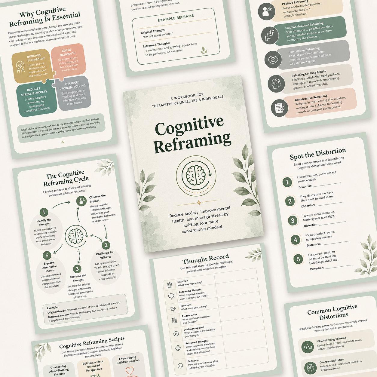 Cognitive Reframing Workbook, CBT Thinking Errors & Positive Self-Talk Worksheets