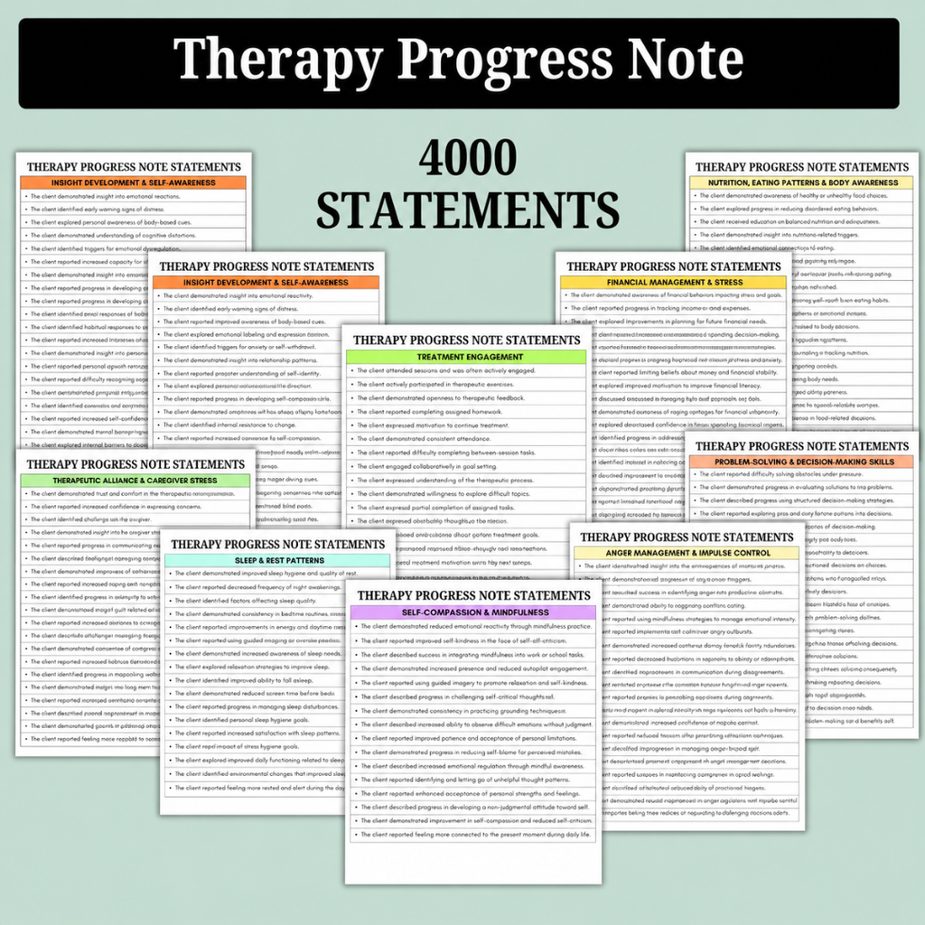 Therapy Progress Note Statements, Therapeutic Interventions, 10,000+ Progress Note Statements, 500+ Pages