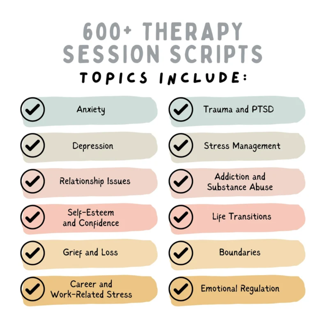 Therapy Session Scripts Bundle, 600+ Counselor Cheat Sheets for Trauma, Grief, Emotional Regulation