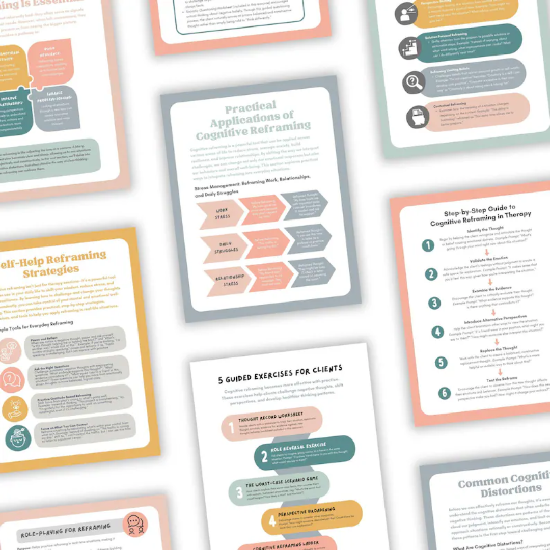 Cognitive Reframing Workbook, CBT Thinking Errors & Positive Self-Talk Worksheets