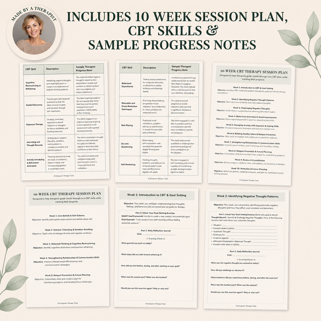 CBT Counseling Toolkit, Therapy Worksheets, Session Notes, Skill Building Activities