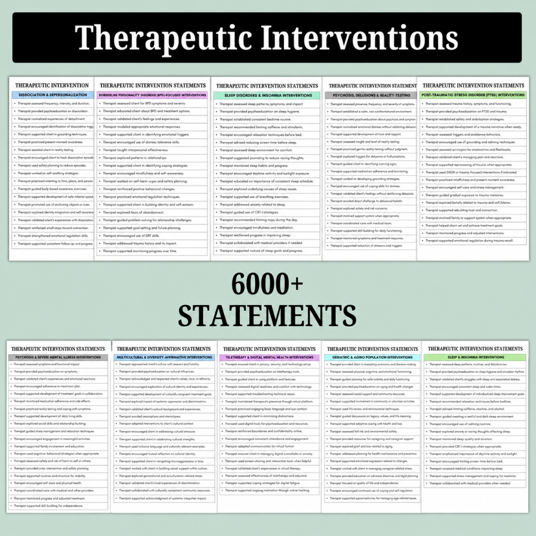 Therapy Progress Note Statements, Therapeutic Interventions, 10,000+ Progress Note Statements, 500+ Pages