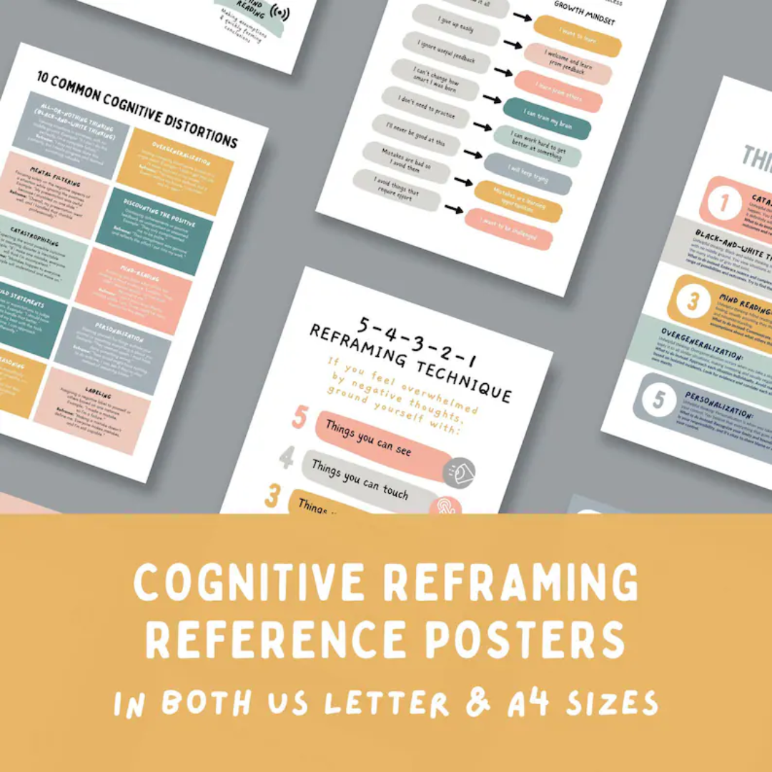 Cognitive Reframing Workbook, CBT Thinking Errors & Positive Self-Talk Worksheets