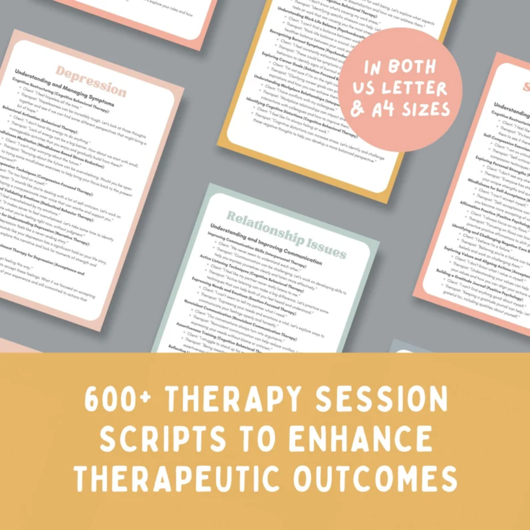Therapy Session Scripts Bundle, 600+ Counselor Cheat Sheets for Trauma, Grief, Emotional Regulation